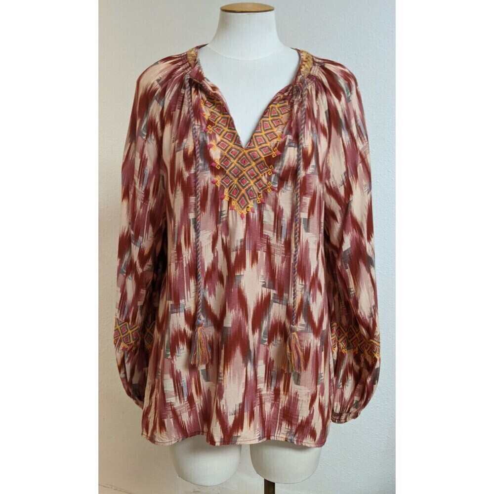 Women's SUNDANCE Viscose Boho Embroidered V-Neck Puff Sleeve Top/Blouse M